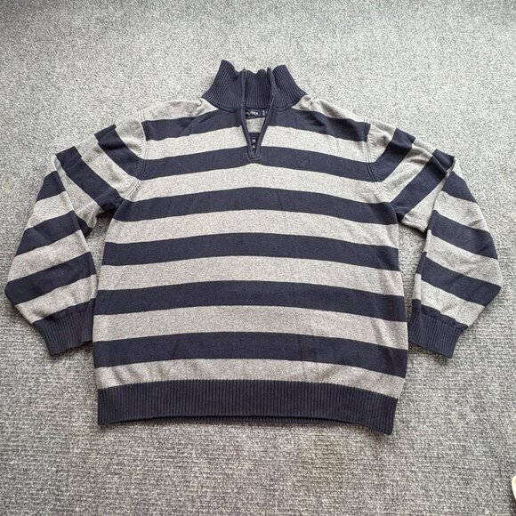 Nautica Sweater Men’s‎ XL Gray Navy Striped 1/4 Zip Preppy Jumper Cotton Logo - Picture 1 of 13
